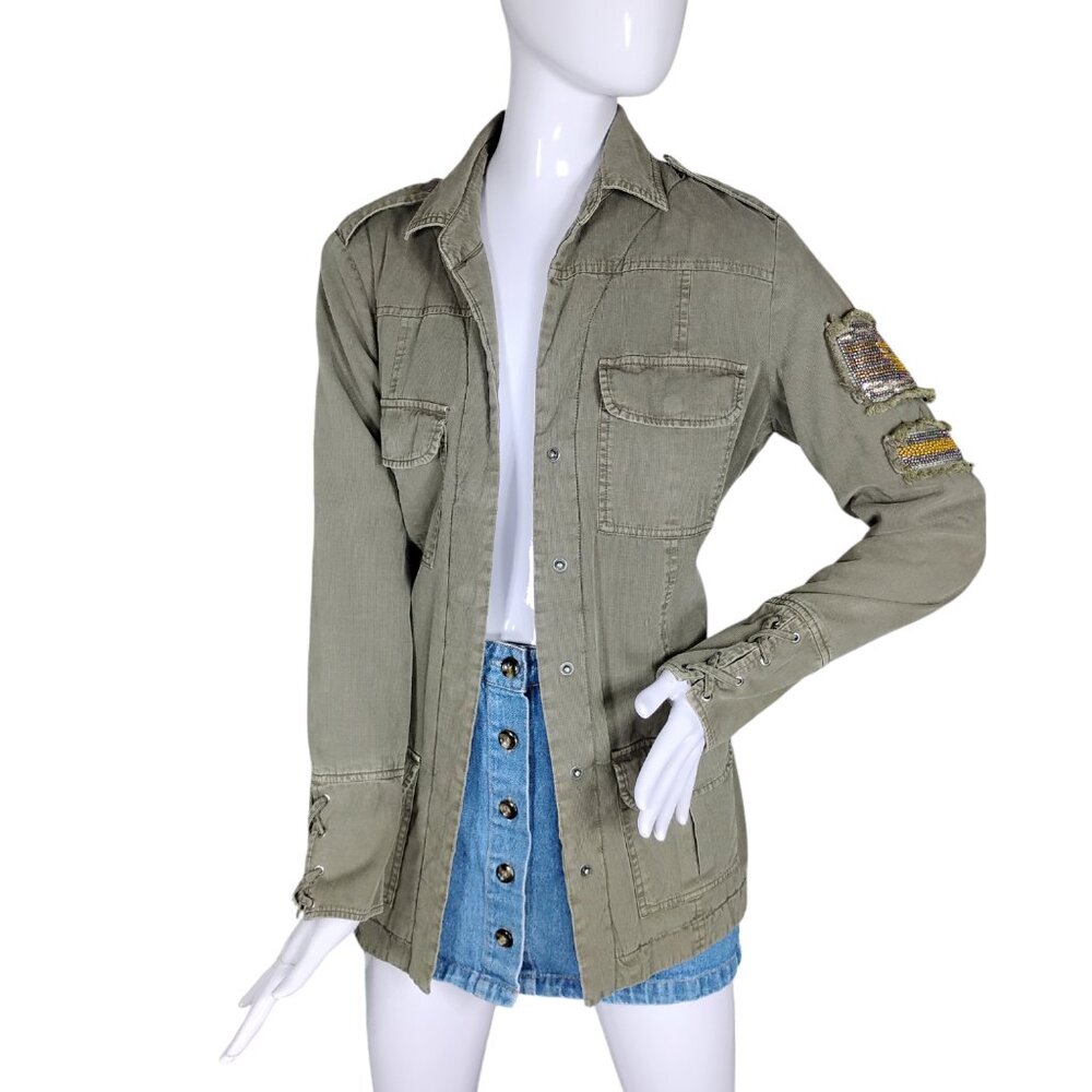 Willow & Clay Military Quilted Jacket Size Medium Green Beaded Arm Patches